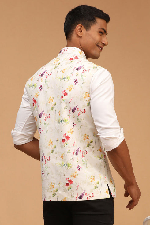 VASTRAMAY Multicolor Base Cream Floral Jacket Baap Beta Set